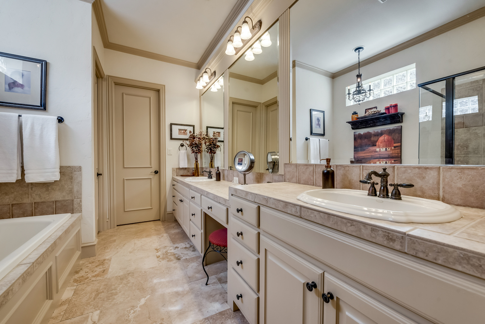    Spa Like Master Bath with Fluted Mirror Dual Sinks with Vanity Area 