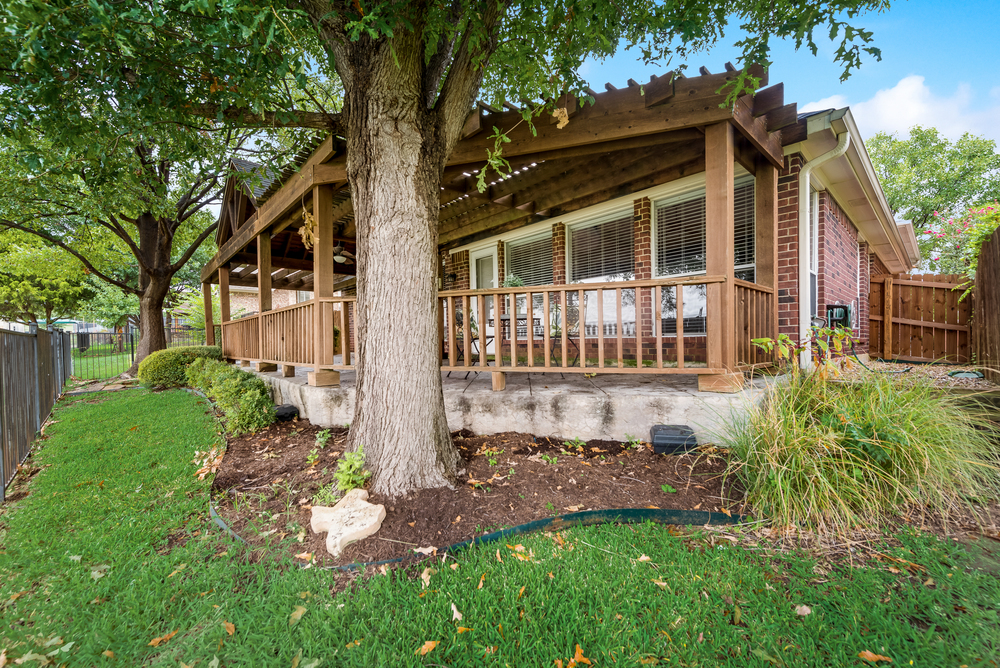    Backyard with mature trees and iron back fence 