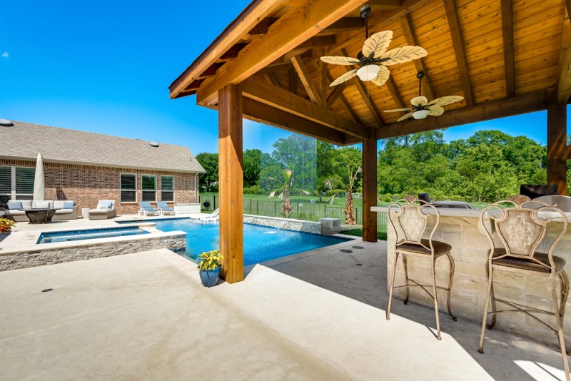    Gazebo Covered Outdoor Kitchen with Waterfall Feature 