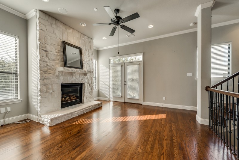    Dining Area with Stone Fireplace and Juliette Balcony 