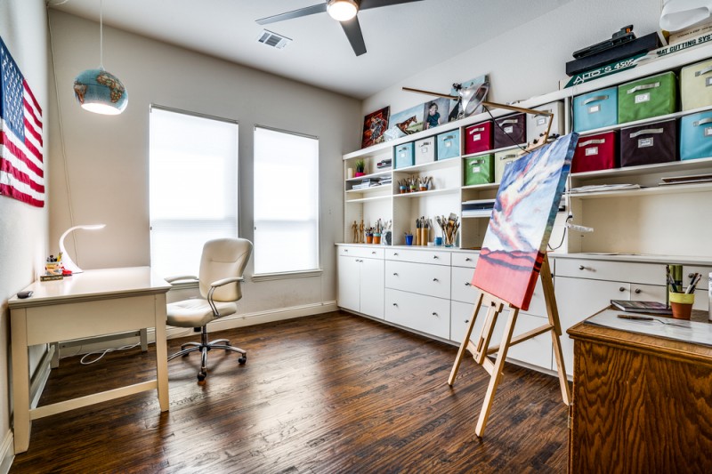    Study with French Doors and Built In Storage Unit 